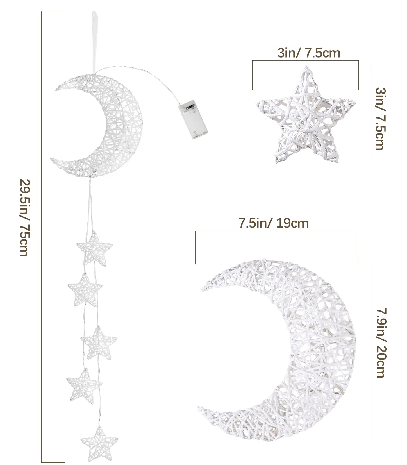 Lewondr Hanging Light,Rattan Moon Star Fairy Lights Indoor Decorative Lights Window Light Easy Operated Star Lights for Children's Room Bedroom Party Ramadan Decoration with Timer Fuction,White