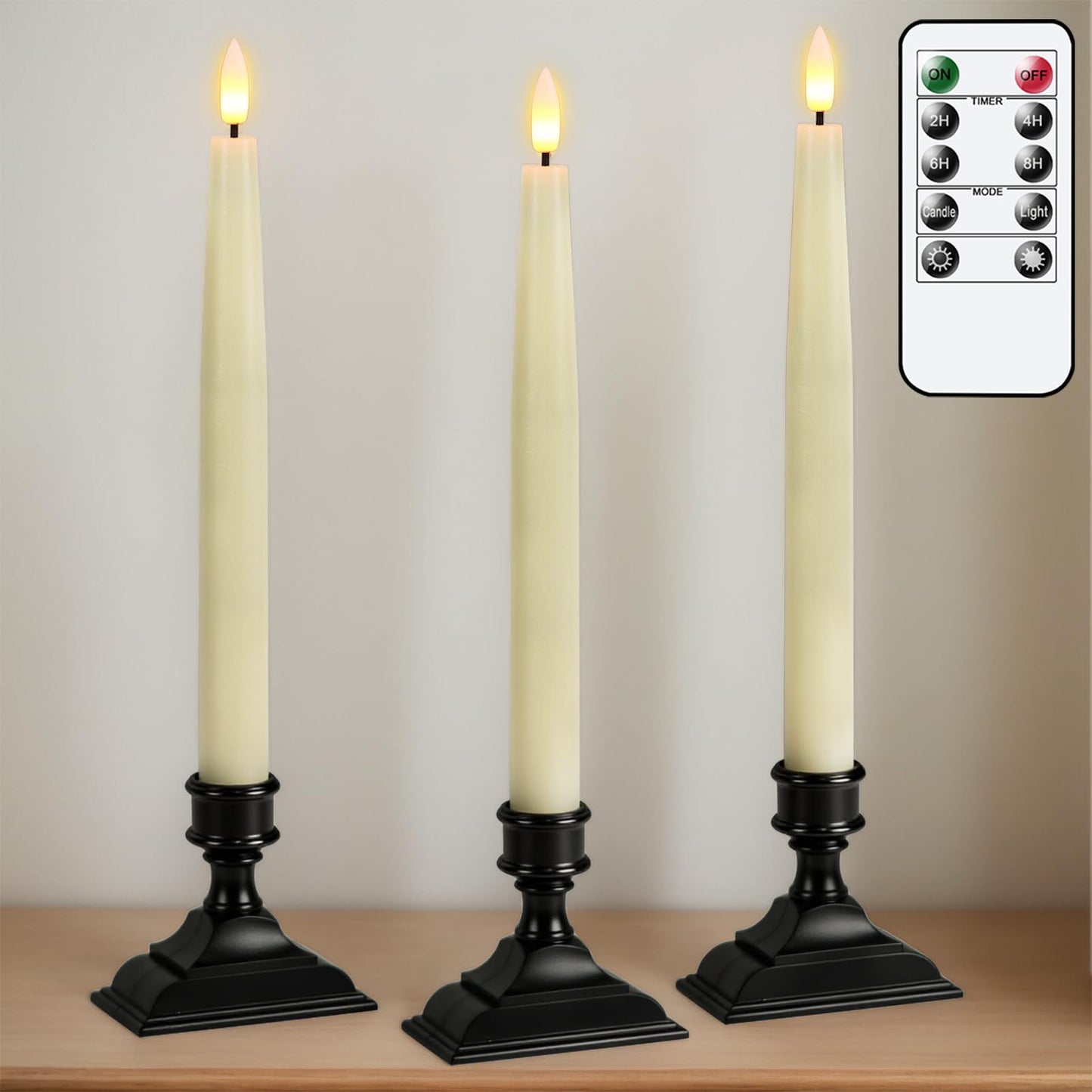 KunSwenn Window Candles Battery Operated with Remote Timer, Christmas Window Candles with Black Holder, Set of 3 Electric LED Candlesticks for Home Holiday Winter Decorations (Ivory, 0.78” x 9.84”)