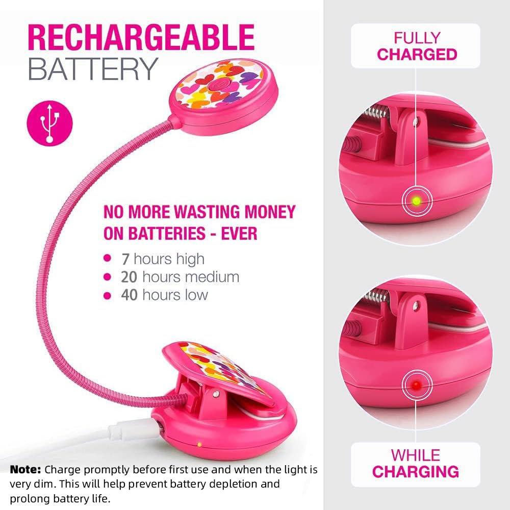 Vekkia Cute Rechargeable Book Light, Eye-Care Clip on Lights for Reading in Bed, 3 Colors & 3 Brightness, 1.8oz Lightweight, Up to 40 Hours Useage, Great Gifts for Kids & Readers (Rose Red)