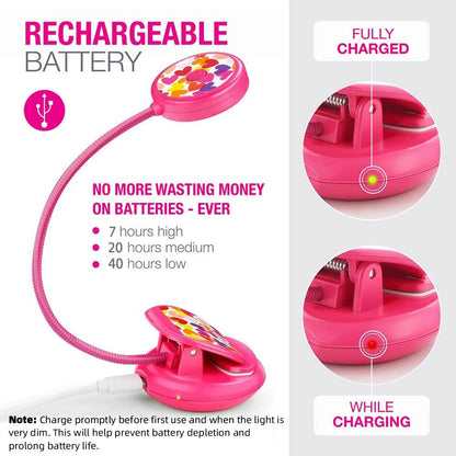 Vekkia Cute Rechargeable Book Light, Eye-Care Clip on Lights for Reading in Bed, 3 Colors & 3 Brightness, 1.8oz Lightweight, Up to 40 Hours Useage, Great Gifts for Kids & Readers (Rose Red)