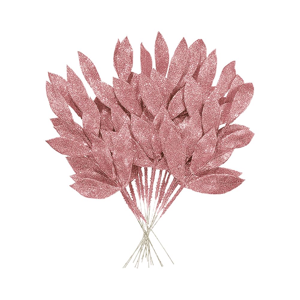 GSHLLO 12 Pcs 35cm Artificial Christmas Glitter Leaves Xmas Tree Filler Branches Winter Leaves Stems Faux Leaves Picks Christmas Floral Picks and Stems for Office Home Decorations Pink