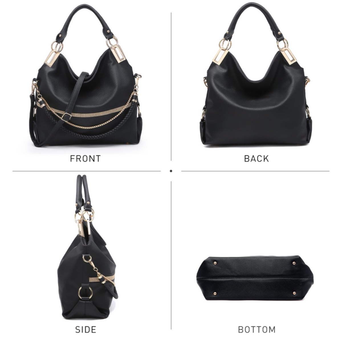 Dasein Women's Large Hobo Bag with Rhinestone Accents Vegan Leather Tote Purse Shoulder Handbag for Ladies (Black)