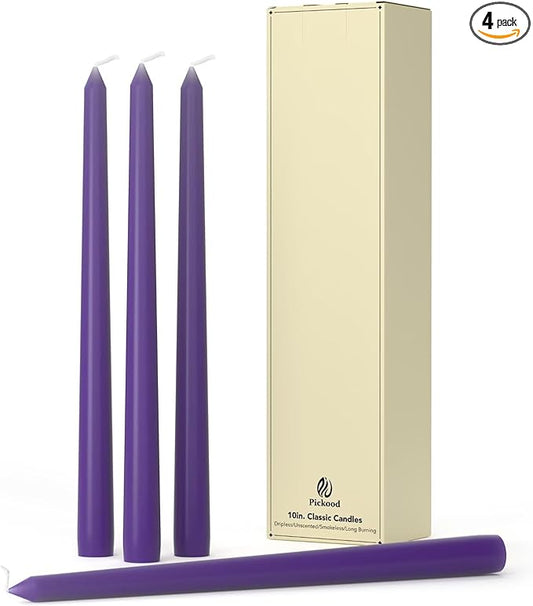 10-Inch Tall Dripless Taper Candles Set of 4 - Purple Tapered Candles, Perfect for Halloween - Smokeless, Unscented, Long Burning - Hand Poured, Colored Tall Candlesticks - Light Purple