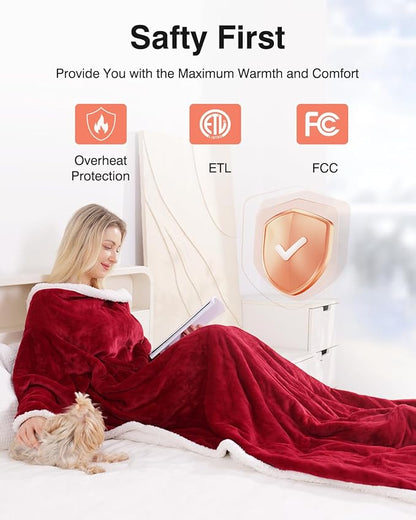 Wearable Heated Blanket with Sleeves, Electric Heated Blanket for Gifts, Electric Throw Wrap Poncho Shawl with Pockets, 6 Heating Levels & 4 Hours Time Settings, 50 x 70 Inch (Red)