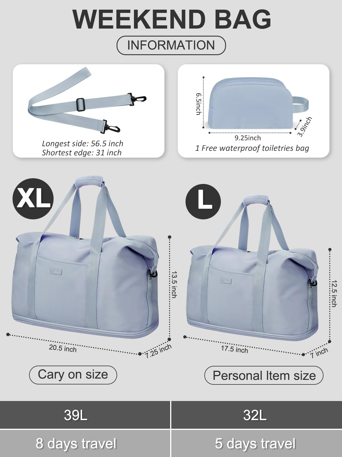 Expandable Travel Duffle Bag, Waterproof Weekender Overnight Bags for Women Men Hospital Bag for Women Labor Delivery Carry on Bag with Toiletry Bag for Travel Gym Airplanes(Light Blue, X-Large)