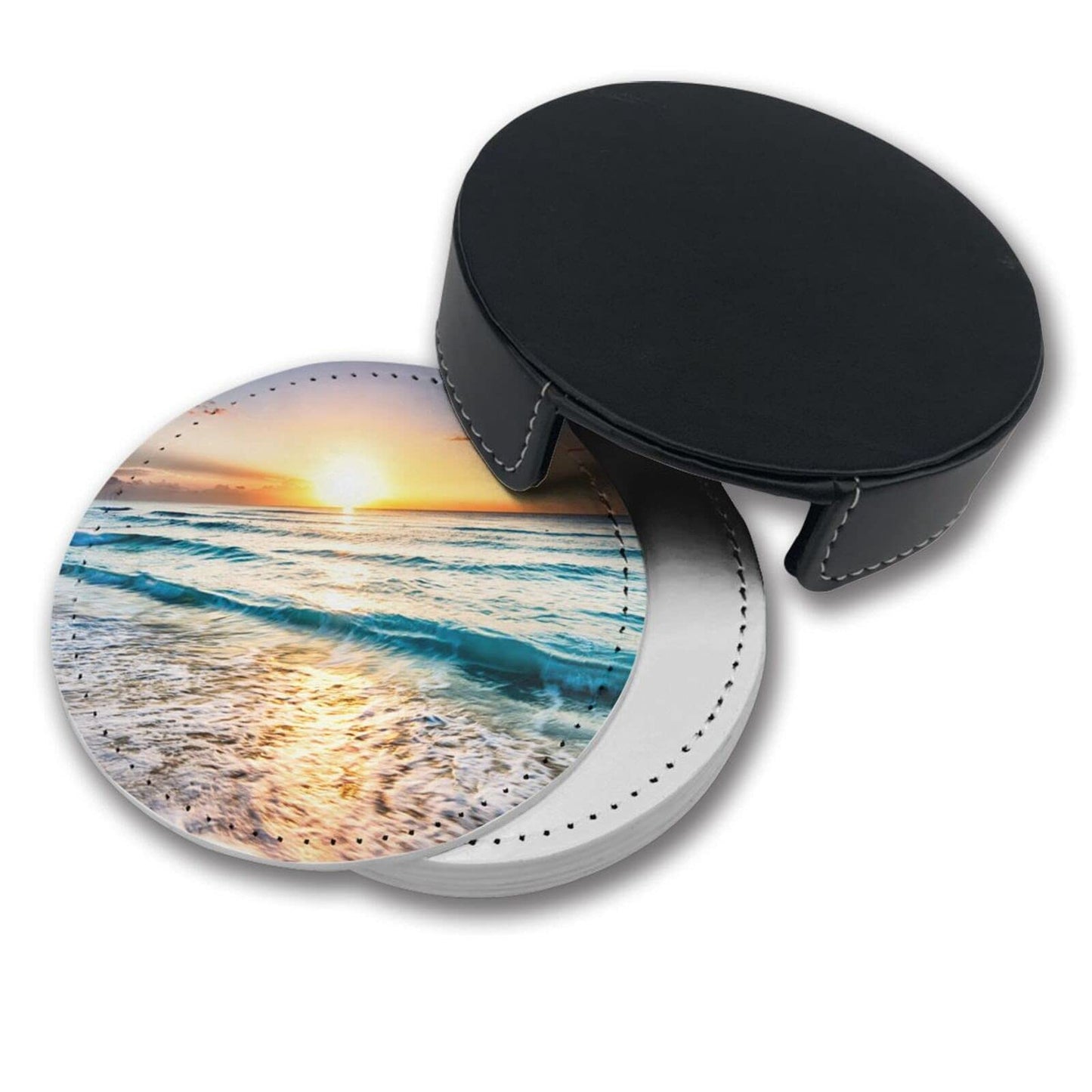 Ocean Theme Sand Beach Wave Sea Water Pattern Leather Drinks Coasters with Holder Set of 6, Suitable for Kinds of Cups