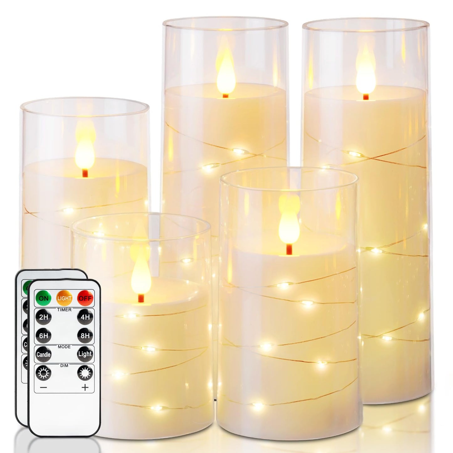 Homemory Flameless Candles with Embedded Star String Fairy Lights, Battery Operated Candles, LED Candle, Fake Candles with Remote Control and Timer, Ivory, Set of 5(H4 5" 6" 8" 8")