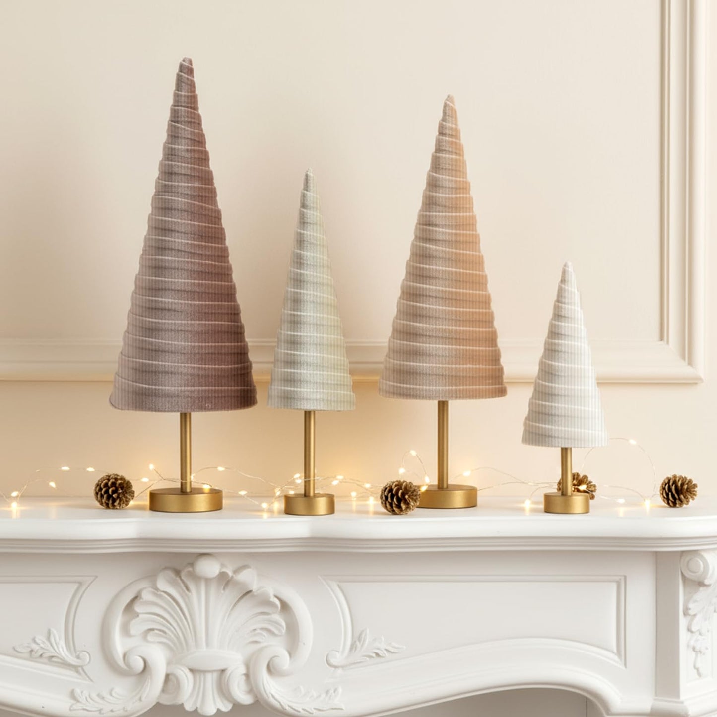 Hoolerry 4 Pcs Christmas Velvet Trees with Gold Pedestal Modern Rustic Christmas Velvet Cone Trees Minimalist for Mantel Table Centerpiece Entryway Home Winter Holiday Wedding Decor(Nude Tone)