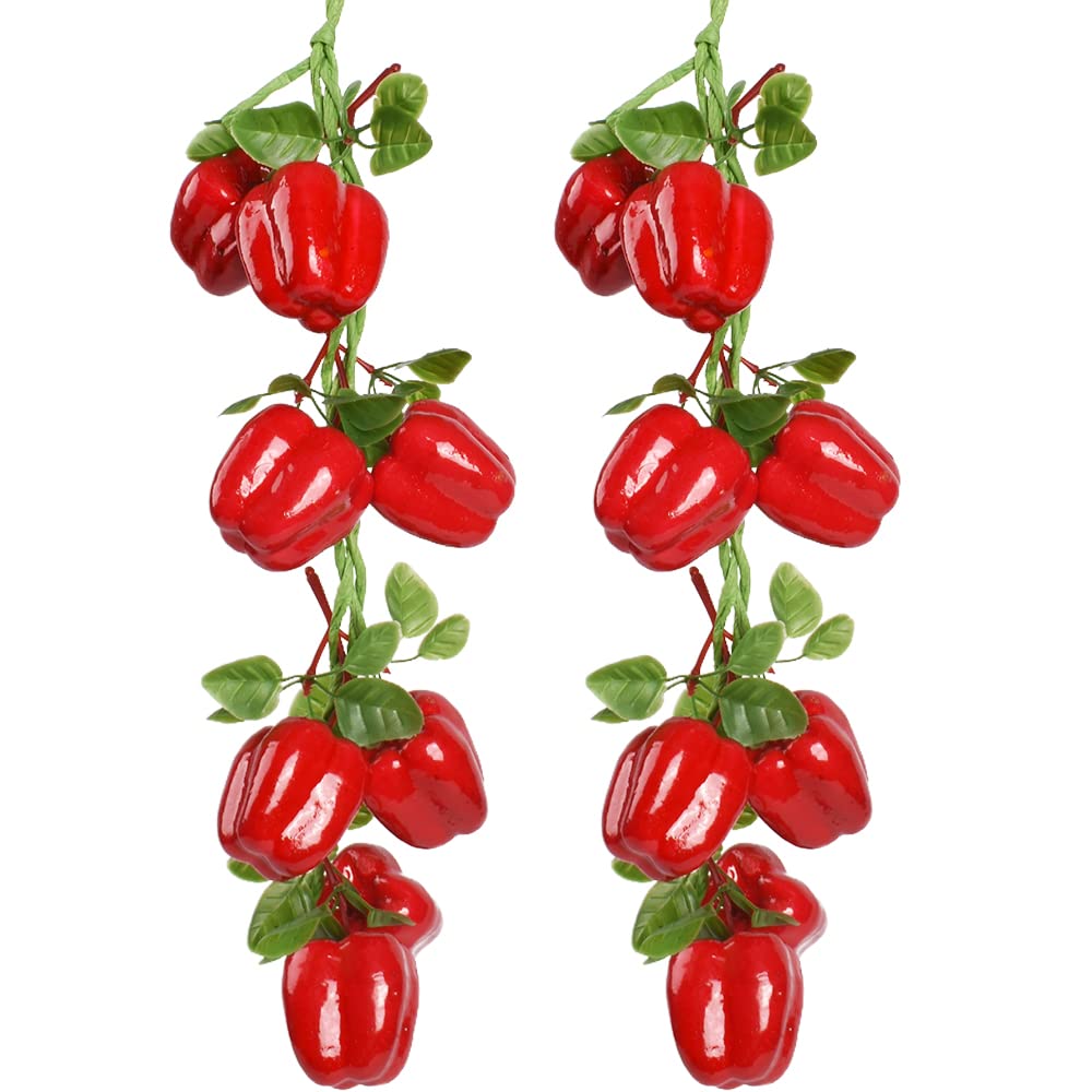 VIOCIWUO Artificial Hanging Bell Pepper String 2Pcs, Simulated Lifelike Hot Chili Vegetable Fruit Garland Vine for Home Kitchen Fruit Shop Supermarket Farm Party Wall Decoration