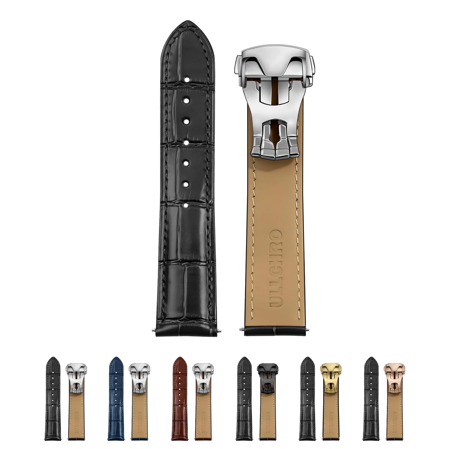 ULLCHRO Genuine Leather Watch Strap Deployment Clasp, 22mm Leather Watch Band for Men Women, Soft Ultrathin Classic Replacement, Premium Cowhide Vintage Stylish Accessory (20mm, Black)
