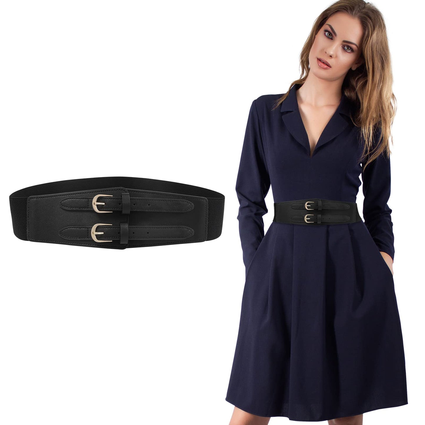 AWAYTR Double Buckle Women's Elastic Belt - Ladies Stretchy Wide Waist Leather Belts for Dresses Jeans(Black 31-33.5")