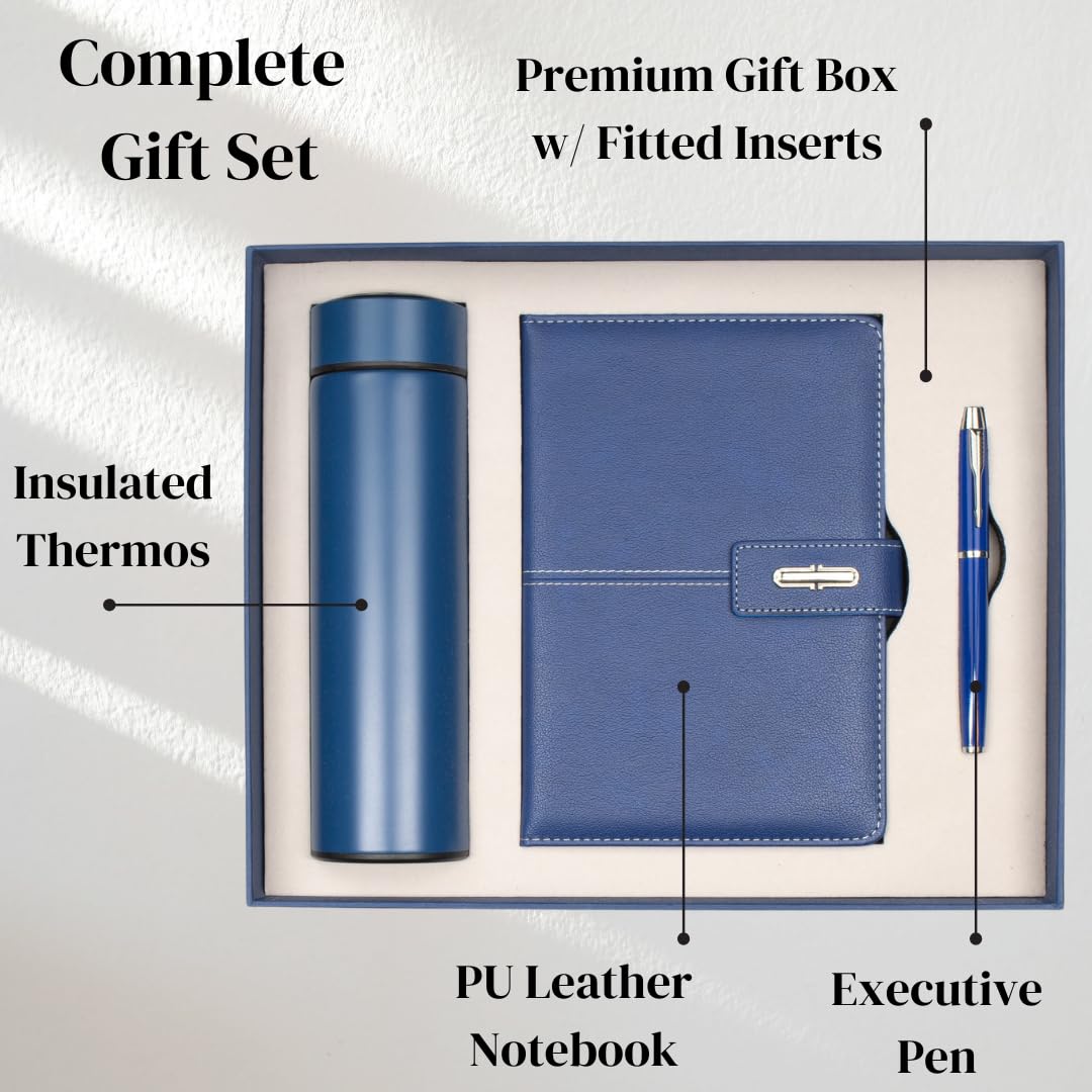Shadow Breeze A5 Leather Notebook, Insulated Thermos and Executive Pen Gift Set in Premium Gift Box, 172 Pages 100GSM Ruled Pages, 12 oz, Great Gift for Business, School, Home (Blue)