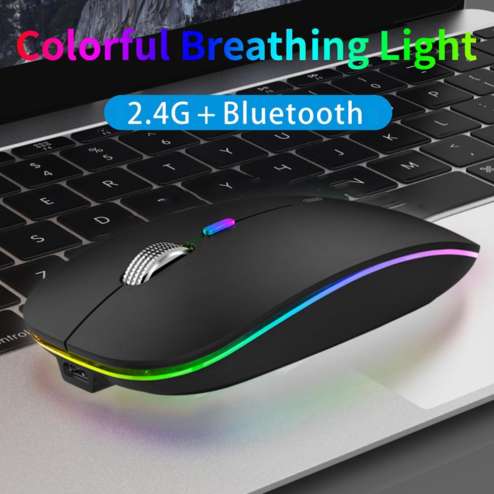 TENMOS Wireless Bluetooth Mouse, LED Slim (Bluetooth 5.1/5.0 + USB) 2.4GHz Rechargeable Silent Bluetooth Wireless Mouse with Type C Adapter for Laptop/MacBook/iPad OS 13 and Above (Matte Black)