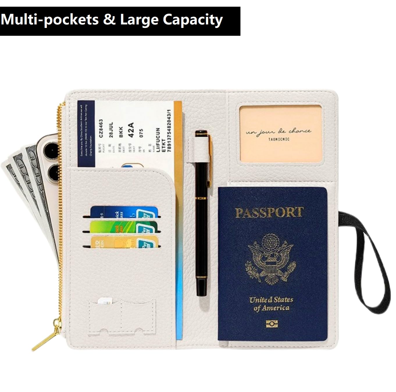 DOB SECHS Passport Holder for Travel Women RFID Blocking Leather Passport Wallet Travel Document Organizer Pouch Bag, Slim Passport Cover Case with Zipper Cash Pocket Purse+Card Slots+ID Window, White