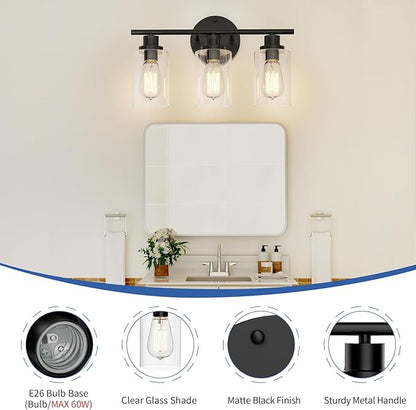 GORDNWE Modern Farmhouse Vanity Light Fixtures - 3 Light Matte Black Bathroom Lighting Over Mirror, E26 Bulb Base