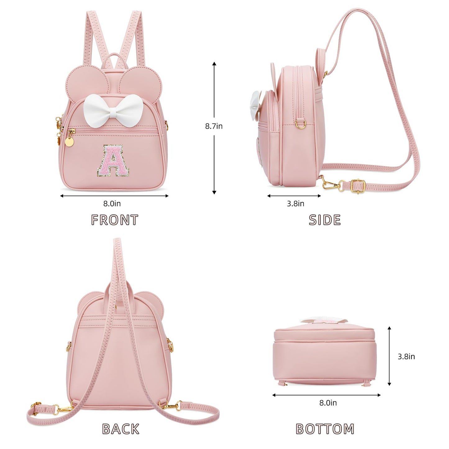 KKXIU Girls Initial Bowknot Cute Mini Backpack for Toddler, Travel Small Girl Backpacks, Personalized Birthday Gifts for Little Girls and Kids(A, Pink)