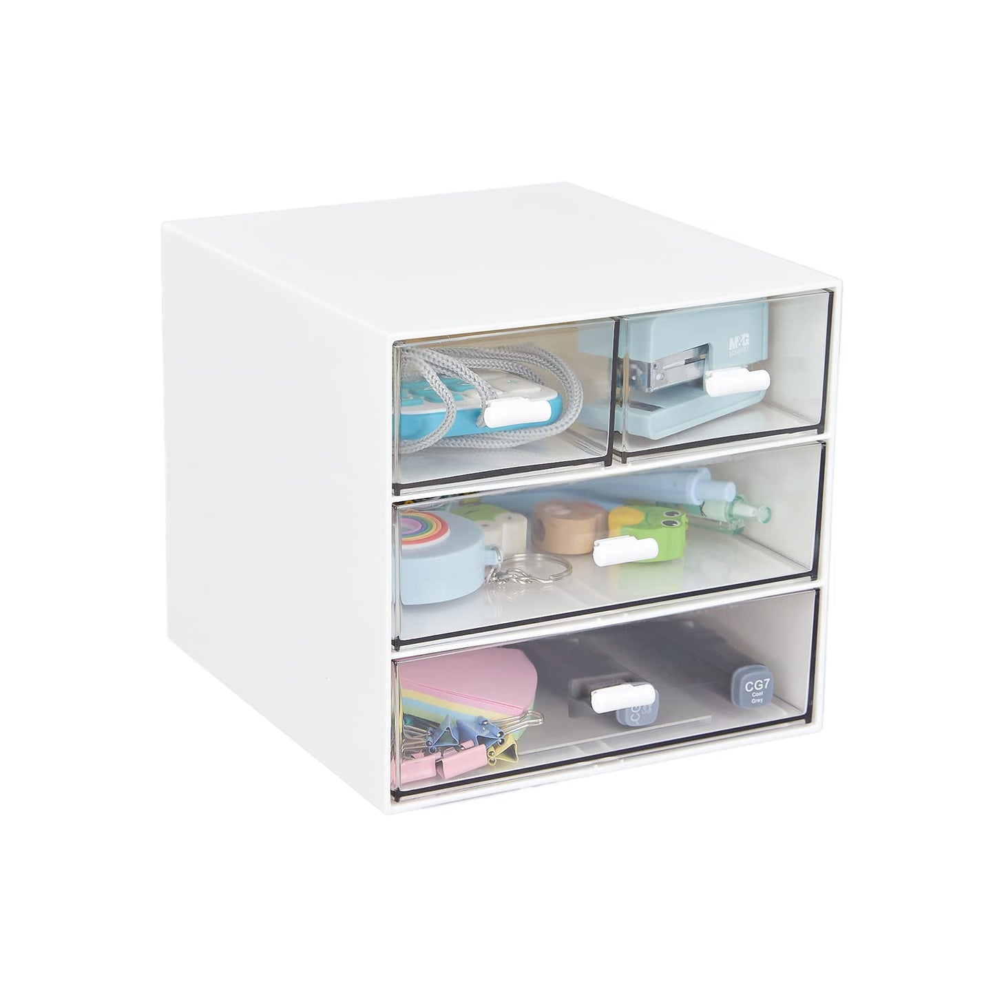 Desk Organizer with 4 Drawers, Clear Plastic Desk Storage Box, Desktop Organization for Office Supplies, Gel Pens, Pencils, Markers, Tape, Erasers, Paperclips, Chargers (White-4 Draws)