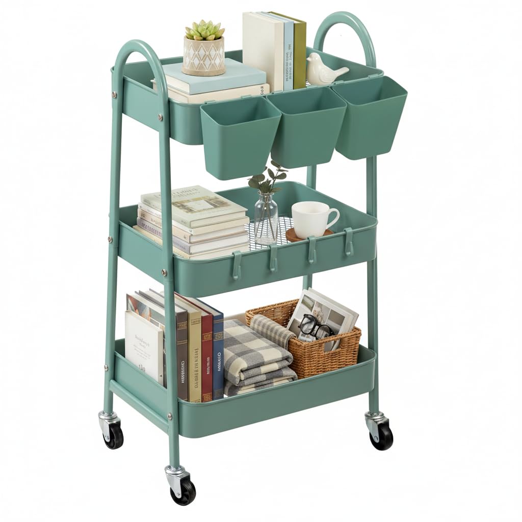 danpinera 3-Tier Rolling Cart, Utility Cart Mobile Metal Rolling Storage Cart with Lockable Wheels & Hanging Cups & Hooks for Kitchen, Bathroom, Office, Workshop, Green