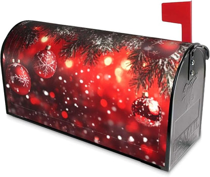 Festive Magnetic Mailbox Cover Red Christmas Ball Pattern Outdoor Mailbox Protector Holiday Seasonal Decorative Garden Yard Home Large Size 25.5 x 21 Inch