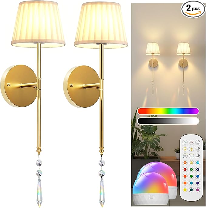 Battery Operated Wall Sconces Set of Two, Rechargeable Wall Sconce Wireless Battery Wall Lamp with 15 Colors RGBCW Dimmable Magnetic Bulbs & Remote for Bedroom Living Room Hallway Decor Gold