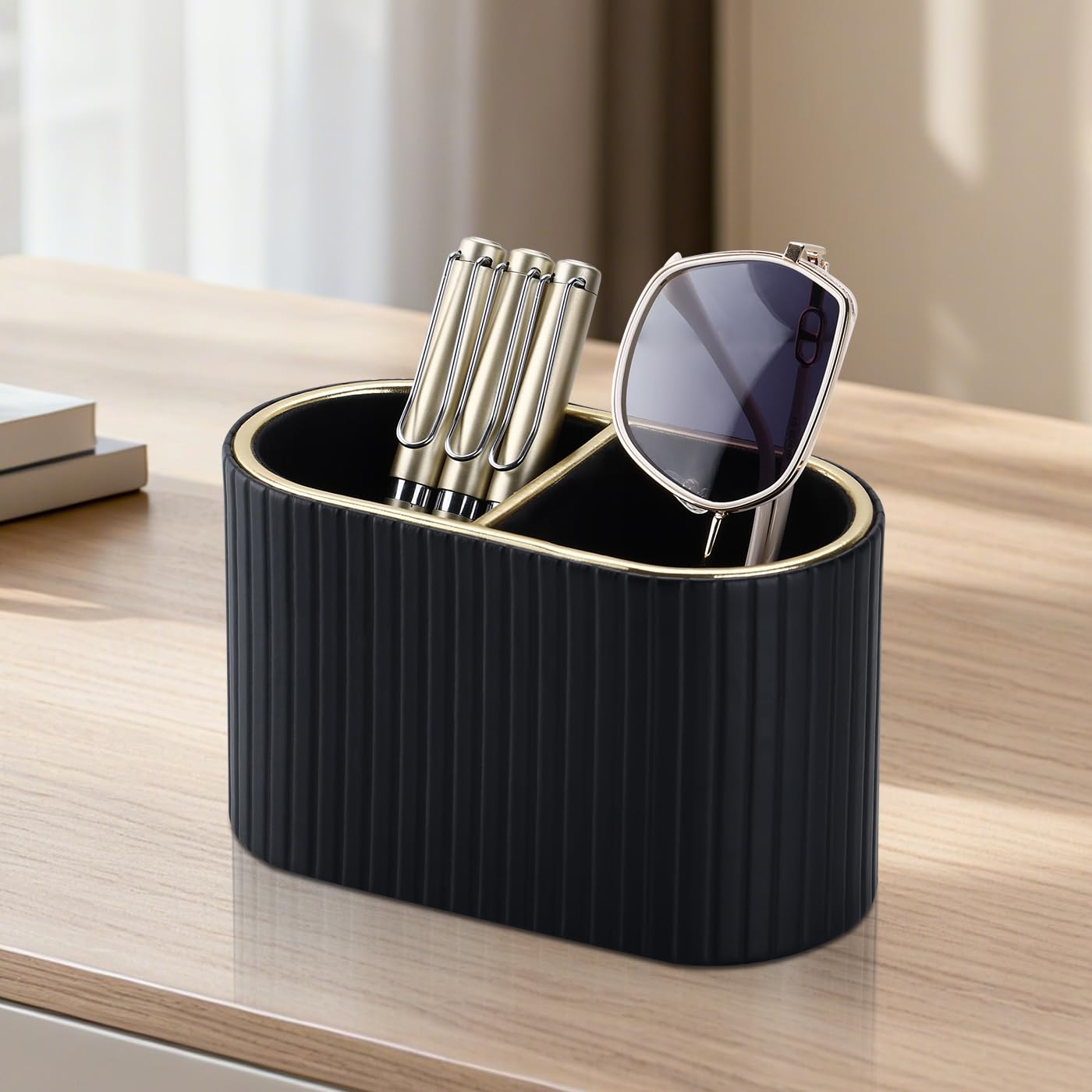 KINGFOM PU Leather Desk Organizer Pen Holder – Dual-Compartment Stylish Pencil Cup Remote Control Holder Desktop Supplies and Accessories Organizer Caddy for Office Home School (Black)