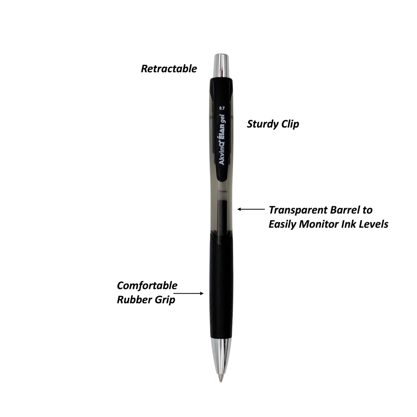 AKVINQ® Élan Gel Pens 12-Pack, 0.7mm Medium Point, Retractable Gel Ink Pen – Premium Chrome Finish, Black Ink, Smudge-Resistant, Unique Comfort Grip, Office & School Writing