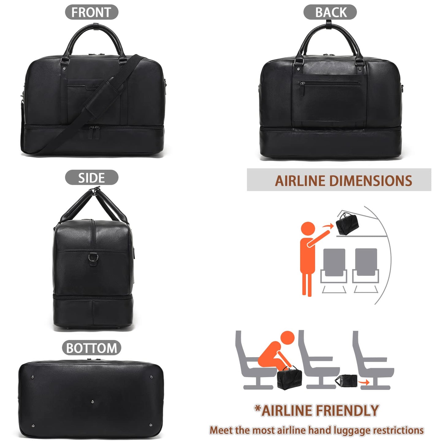 Wogarl Faux Leather Weekender Bag - Large Overnight Duffel with Shoe Compartment, Toiletry Satchel, Carry On Bag - Fit 21" Laptop (Black)
