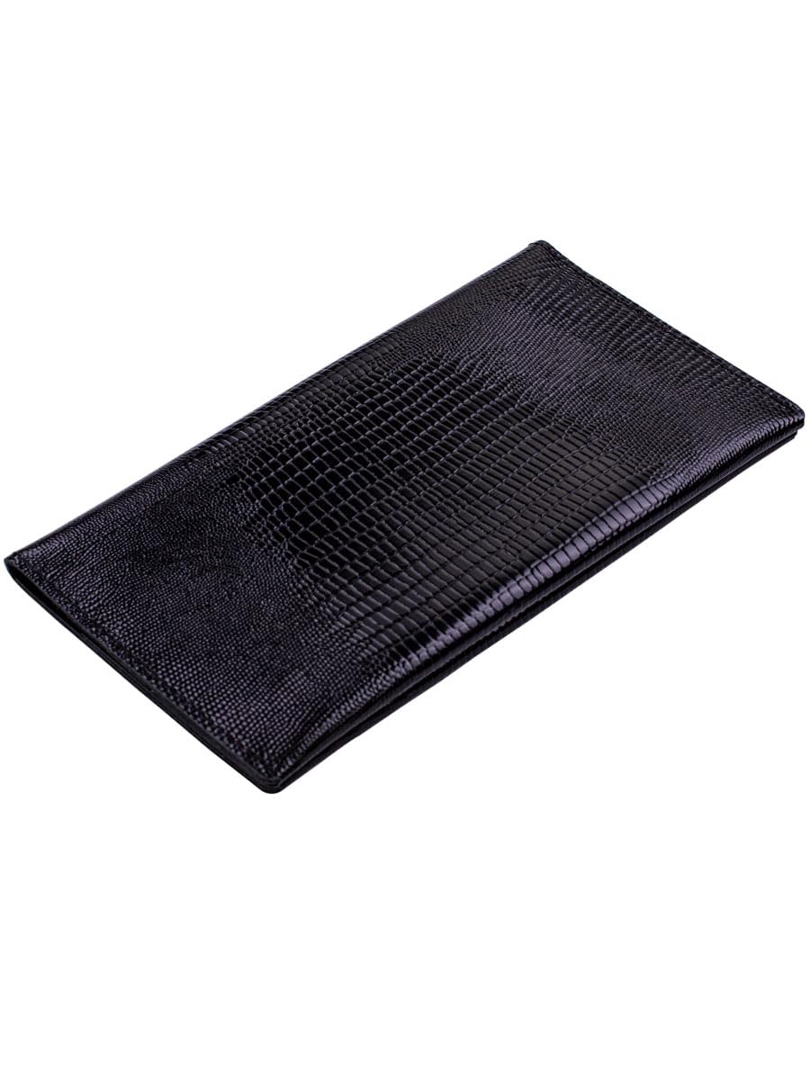 Genuine leather banknote wallet Travel black lizard (leather, durable stitching, folds in half, holds 4 cards, coin pocket, flat banknote compartment)