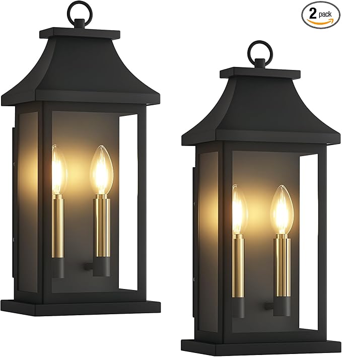 tewei 18'' Outdoor Wall Lights, Porch Light Outdoor Wall Sconce Lantern, 2-Light Black Exterior Lighting Fixture Wall Mount E12 Gold Base, Outside Light for House Backyard Garage, 2-Pack
