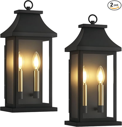 tewei 18'' Outdoor Wall Lights, Porch Light Outdoor Wall Sconce Lantern, 2-Light Black Exterior Lighting Fixture Wall Mount E12 Gold Base, Outside Light for House Backyard Garage, 2-Pack
