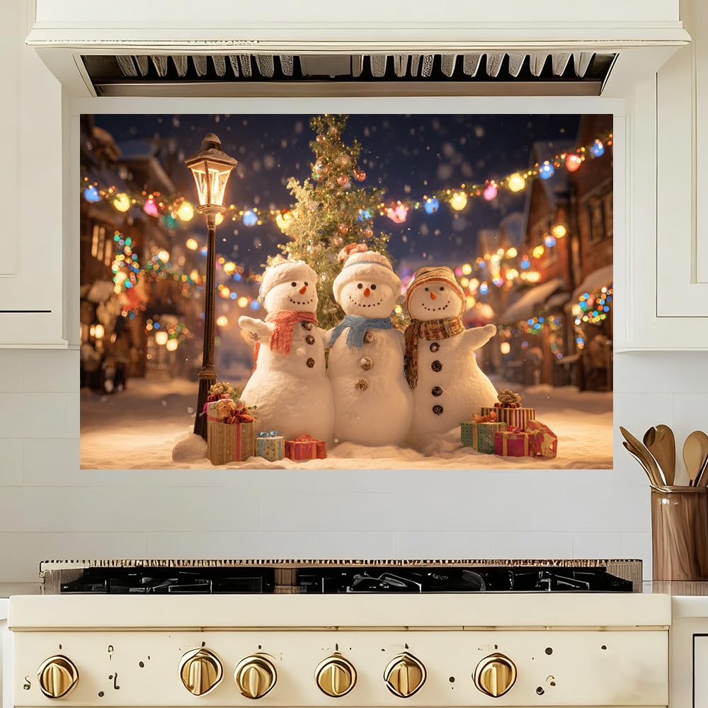 WDESYADMS 35.5x23.6 Inch Winter Snowman Wall Decals PVC Holiday Village Night Scene Peel and Stick Decorative Film for Home Cooking Area Backsplash Stovetop Space Seasonal Festive Style