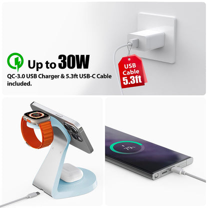 3 in 1 Charging Station for Apple Devices,Mag-Safe Charger Stand Fast Charging,Wireless Charger for iPhone 16/15/14/13/12 Series,& AirPods,& iWatch(USB-C Charger Included)