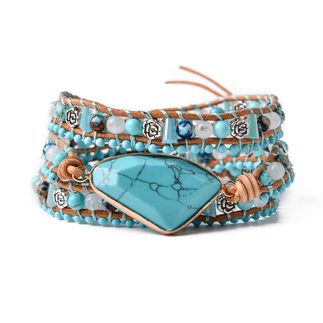 YGLINE Boho Handmade Wrap Leather Tube Crystal Stone Bracelet for Women (Turquoise-3 wrap)