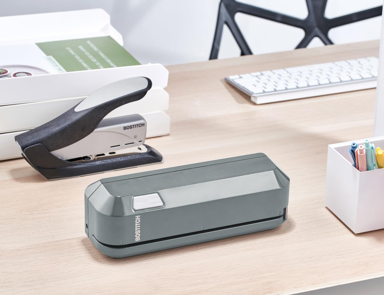 Bostitch Office Electric 3-Hole Punch, Dual Paper Loading, Heavy Duty, Jam-Free 20 Sheet Capacity, AC Adapter or Battery Powered, Space Saving, Grey, (EHP20-GRY)
