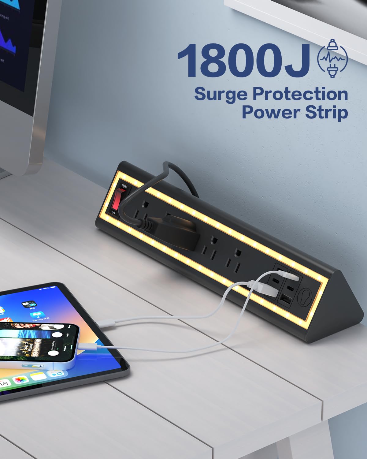 NYYTGE Desk Clamp Power Strip with Nightlight, 40W Fast Charging, 6FT Extension Cord, 4x20W USB-C & 2 USB Ports, 5 AC Outlets, Fits 1.69-Inch Table Edges