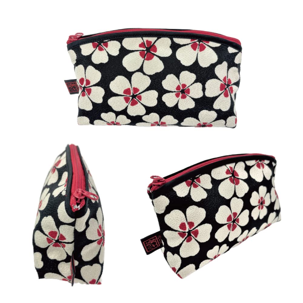 Small Makeup Bag for Purse [ Made in Japan] Traditional Edo Komon Design Cute Cosmetic Pouch (Cherry Blossom (Black))