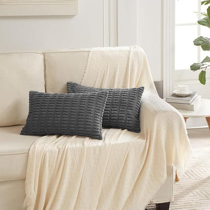 Fancy Homi Dark Grey Decorative Throw Pillow Covers 12x20 Inch for Living Room Couch Bed Sofa, Rustic Farmhouse Boho Home Decor, Soft Striped Corduroy Square Cushion Case 30x50 cm