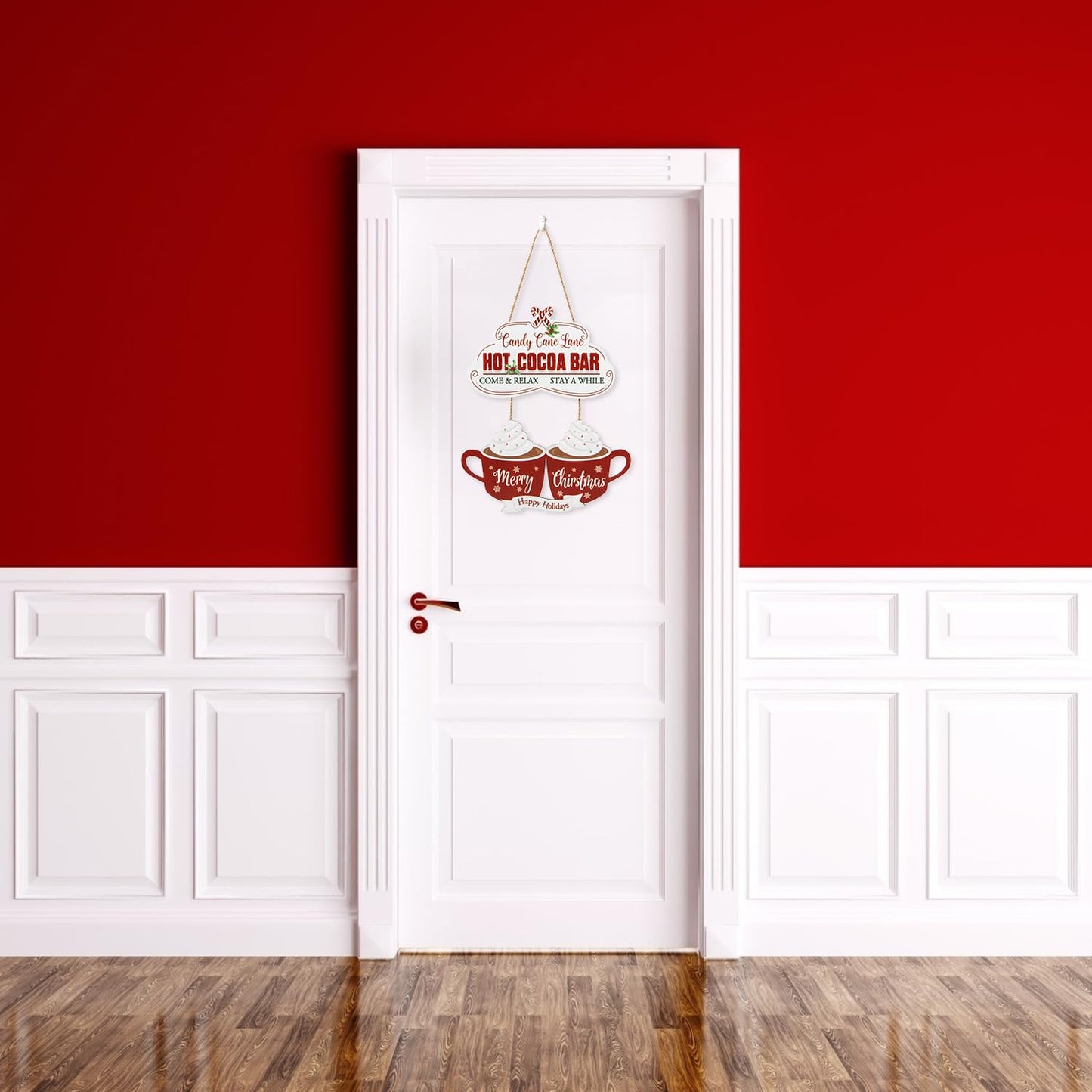IARTTOP Christmas Hot Cocoa Wooden Hanging Sign for Living Room Decor Candy Come&Relax Plaque Sign Christmas Wreath Welcome Sign Christmas Wall Decor Merry Christmas for Happy Holiday Party Decoration