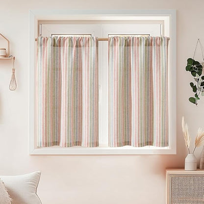jinchan Striped Linen Kitchen Curtains 30 Inches Christmas Tier Curtains Farmhouse Modern Cafe Style Small Window Treatments Airy Light Filtering Rod Pocket for Living Room Bathroom 2 Panels Candy