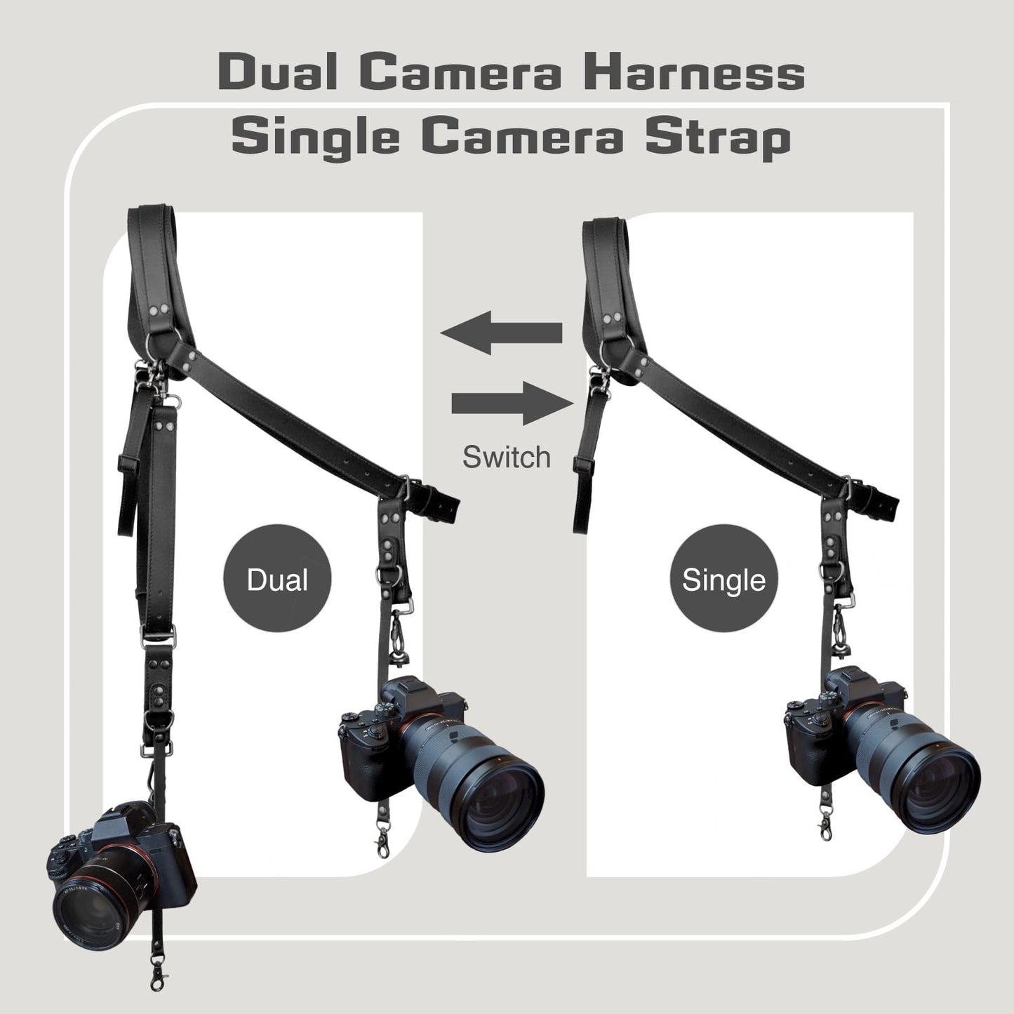 4J LEDR Leather Camera Strap,Shoulder Camera Strap for 1 or 2 Camera,Dual Camera Harness for Photographers,Multi Camera Gear for Dslr/Slr Strap,Camera Harness Camera Sling Strap Single or Dual,Black