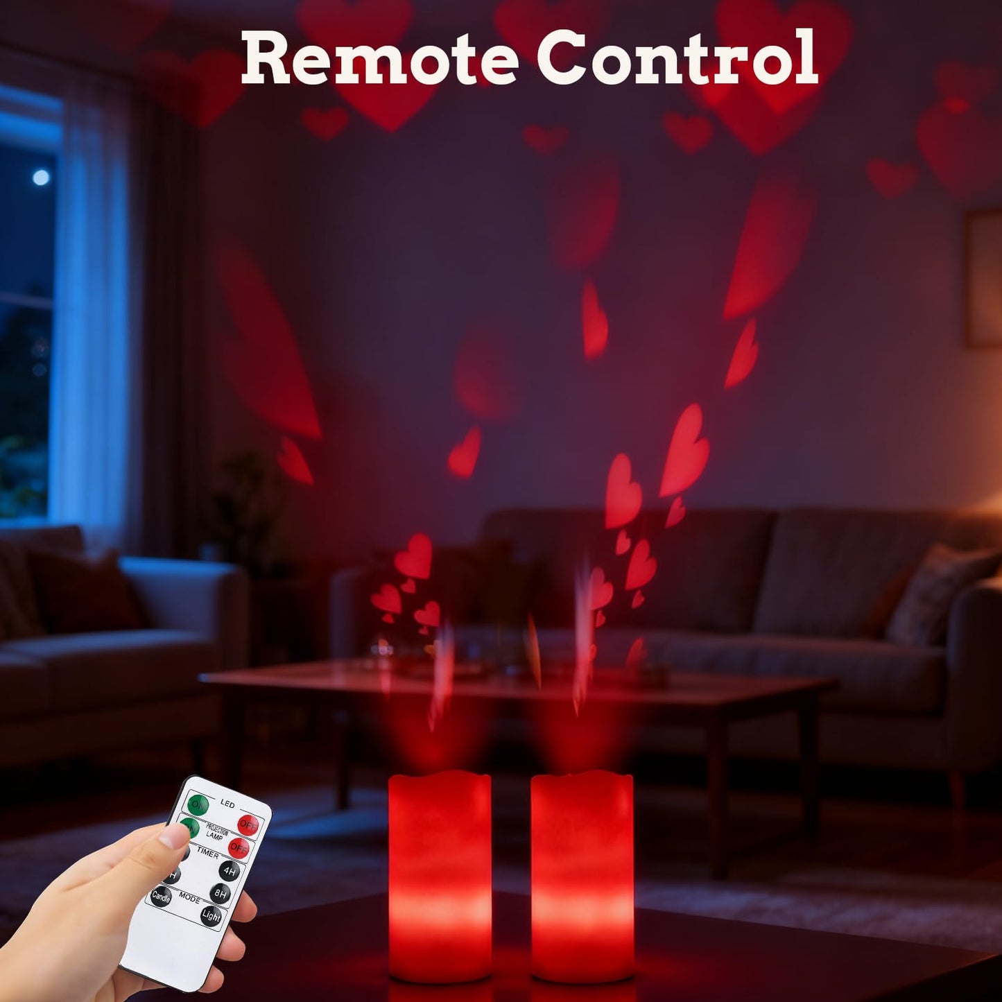 AVEKI Heart Flameless Candles Projector, Valentine's Day LED Pillar Candles with Remote and Timer, Battery Operated Romantic Projection Light for Wedding Holiday Home Decor, Gifts for Women (Love-Red)
