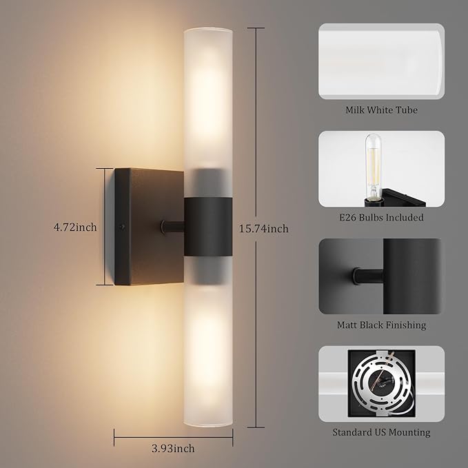 Black Wall Sconces Set of Two,15.7in Dimmable Hardwired LED Sconce Lighting Modern Indoor Vanity Sconce with Frosted Glass Shade for Bathroom Hallway(Bulbs Included)