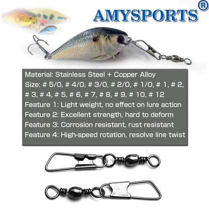 AMYSPORTS Stainless Steel Snap Swivel Saltwater High Strength Snaps Fishing Barrel Line Connector Fishing Swivels Barrel Safety Snap Fishing Tackle Stainless Steel Accessories 50pcs 19lbs
