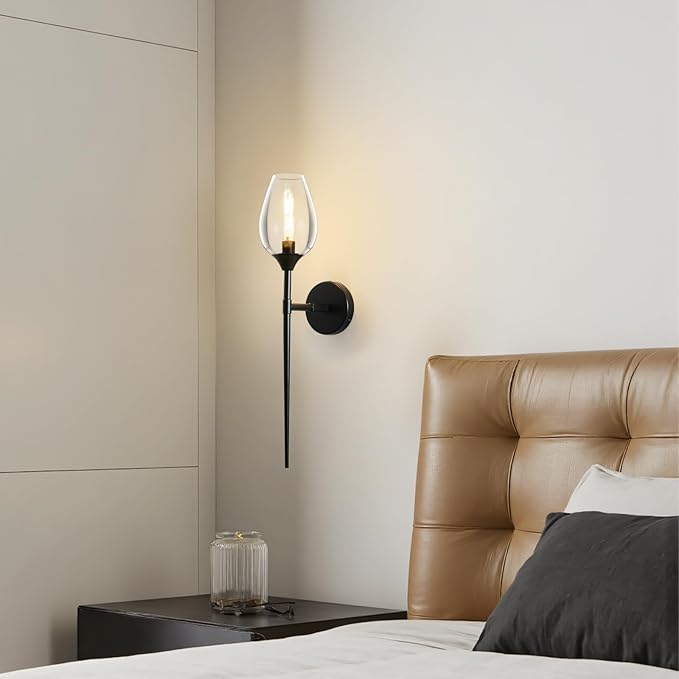 Black Glass Wall Sconce Light: Modern Decorative Sconces Lights Over Mirror - Vintage Brushed Brass Bathroom Vanity Lighting with Flower Shade - Indoor Glass Wall Mount Lamp for Bedroom Living Room