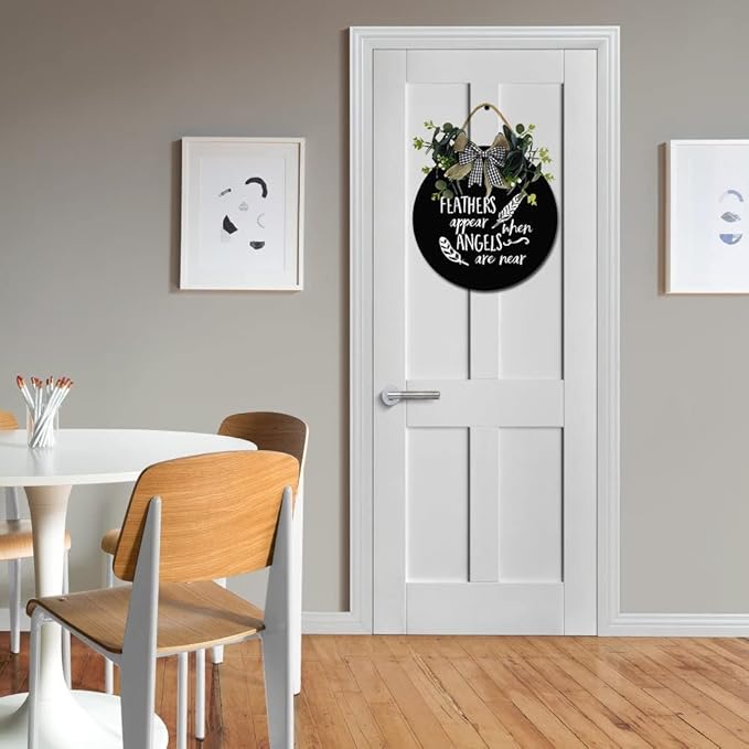 Angels Appear Front Door Sign Funny Wreaths Hanging Wooden Plaque Decoration Round Rustic Wood Farmhouse Porch Decor for Home Front Door Decor, 11 x 11 Inch