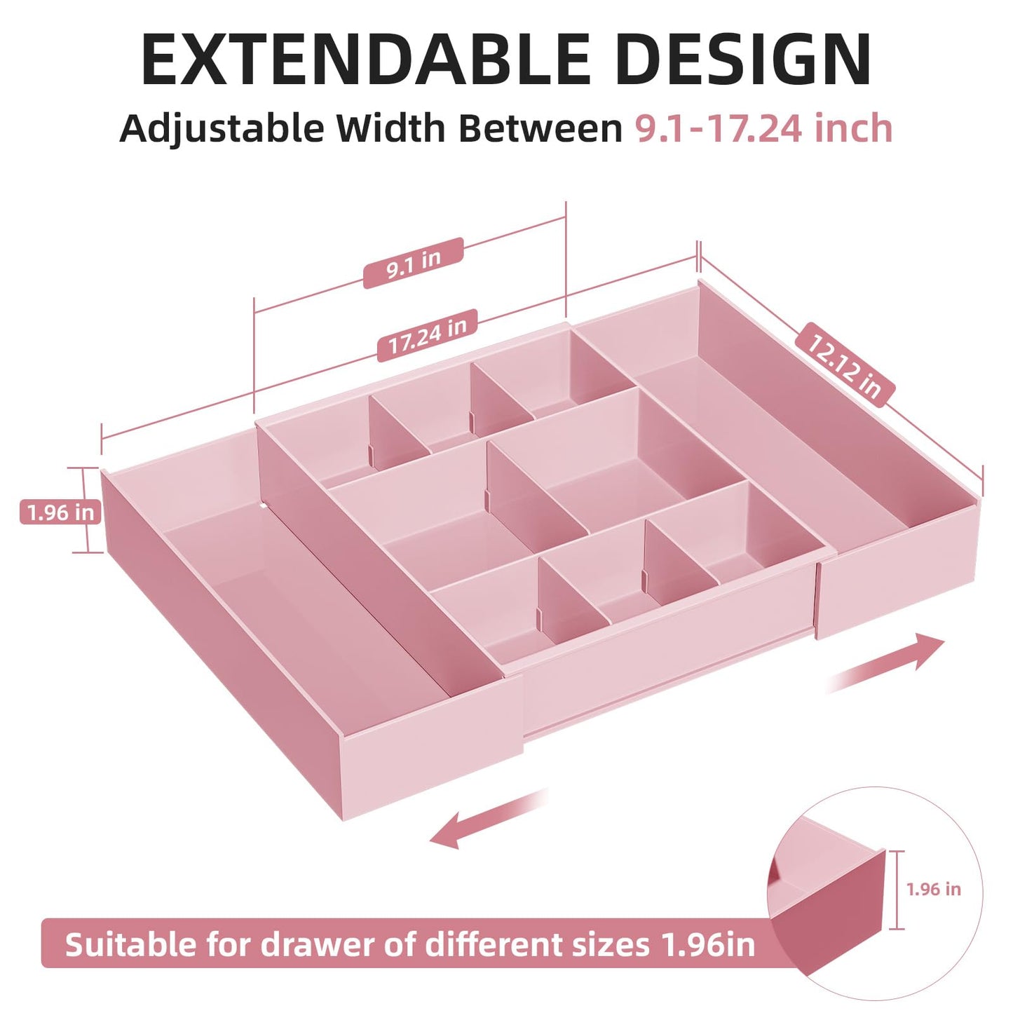 Marbrasse Expandable Desk Drawer Organizer, Clear Plastic Drawer Organizer Tray with 10 Adjustable Compartments, Desk Organizers and Accessories, 5 Drawer Dividers for Office Supplies, Makeup (Pink)