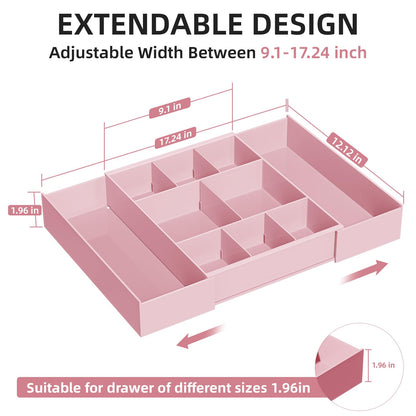 Marbrasse Expandable Desk Drawer Organizer, Clear Plastic Drawer Organizer Tray with 10 Adjustable Compartments, Desk Organizers and Accessories, 5 Drawer Dividers for Office Supplies, Makeup (Pink)