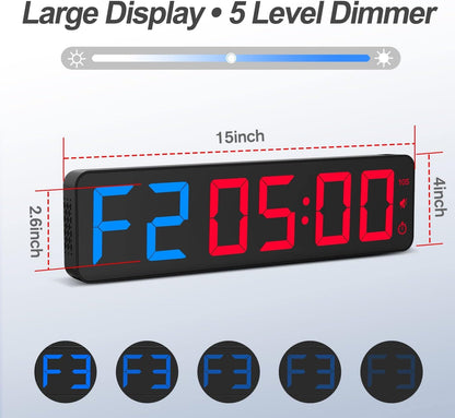 Gym Timer 15" Large LED Display Wall Clock | Gym Interval Workout | Count Down & Up | Stopwatch | Adjustable Buzzer Volume | Upgraded Remote | Digital Timer for Fitness Classroom Home Garage Outdoor