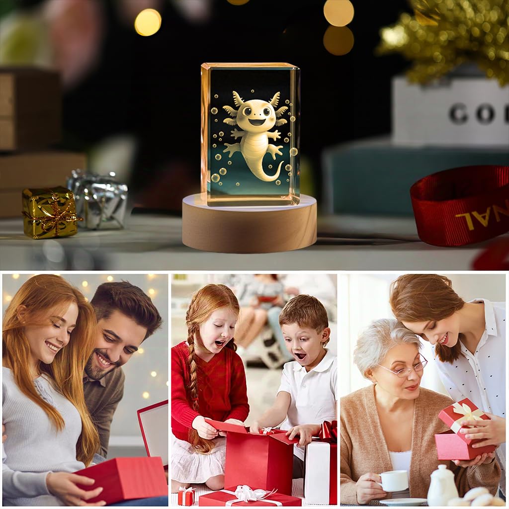 YouerCrystal 3D Axolotl Crystal Night Light for Kids, Emotional Support Gift for Animal Lovers Christmas Valentines Anniversary