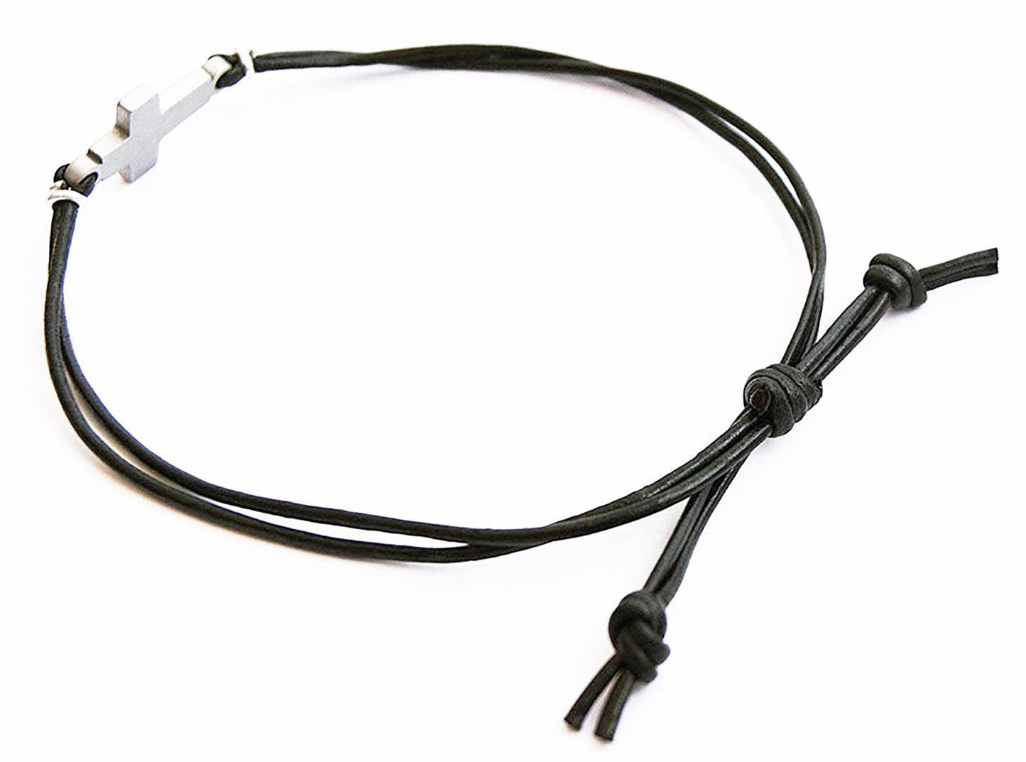 BeGenuine Store Mens Cross Bracelet Genuine Leather and Stainless Steel Sideways Cross Charm Adjustable Unisex Model